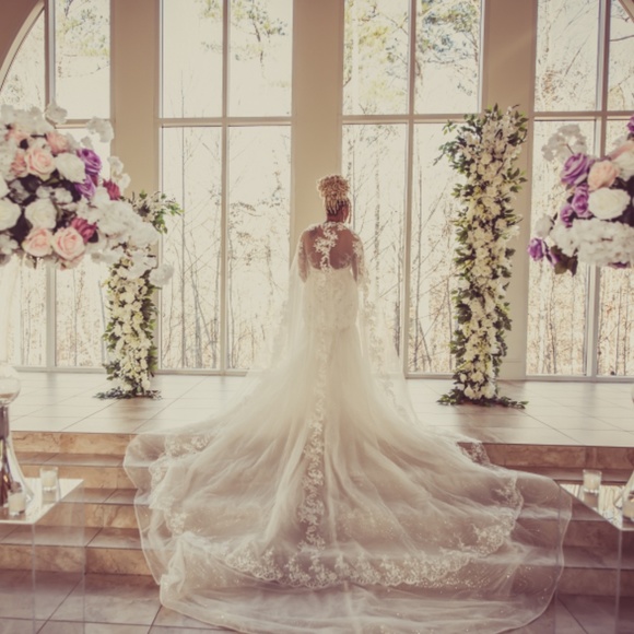 Pre-Owned Lace Embroidered Wedding Dress W/ Glitter Train - Picture 3 of 11